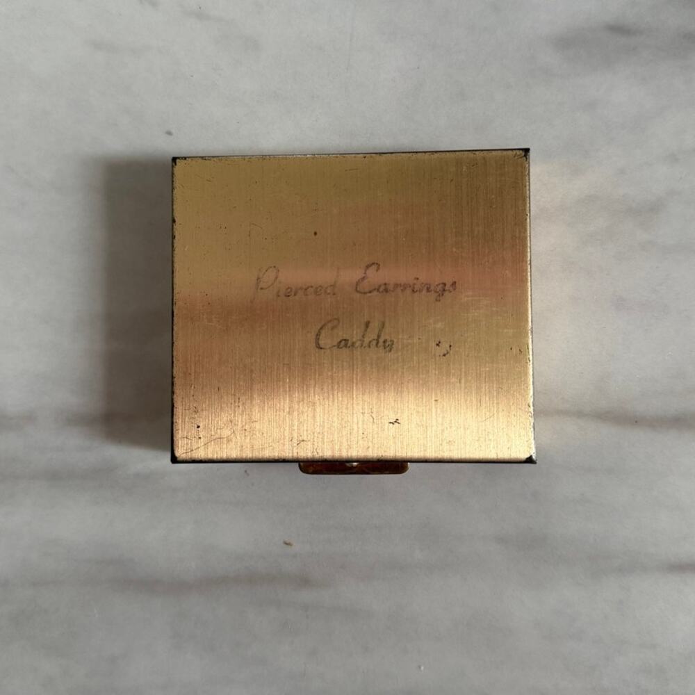 Vintage 50s 60s My Lady's Earring Caddy Gold Tone Mini Jewelery Case Pin Up